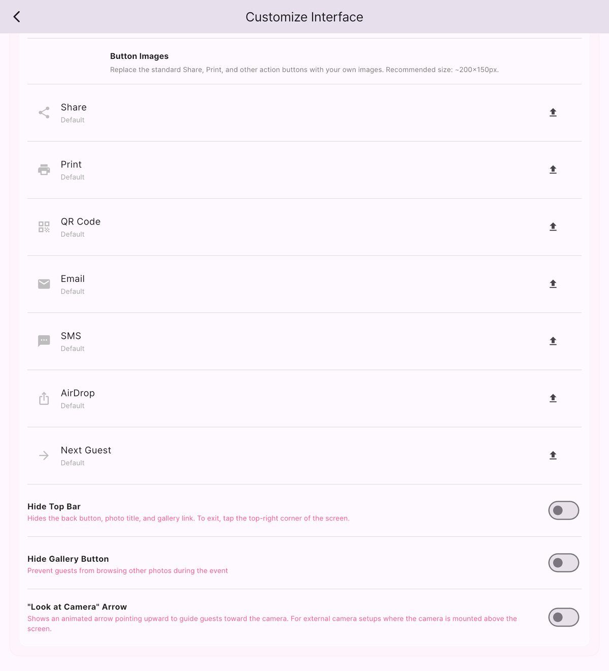 Button image upload options for Share, Print, QR, Email, SMS, AirDrop, and Next Guest