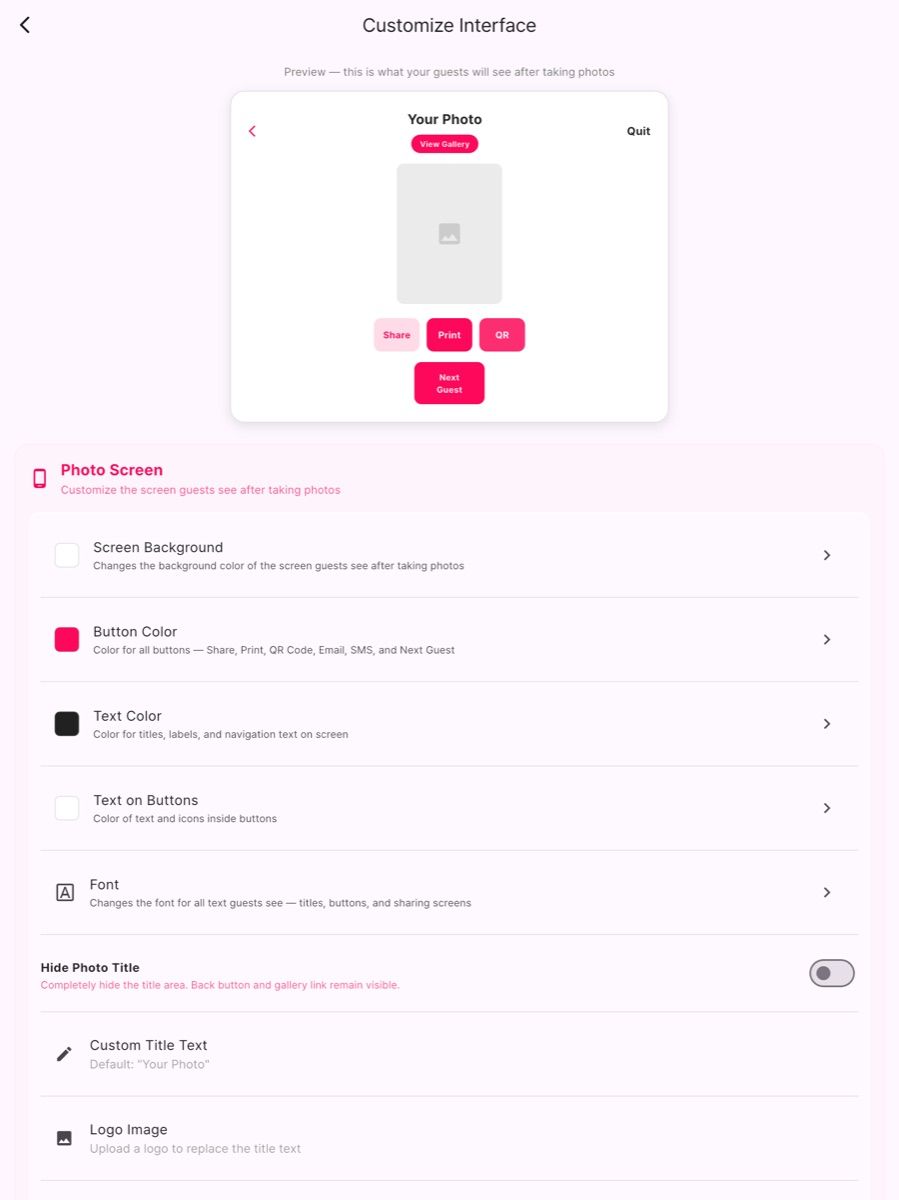 Photo Screen customization options with live preview