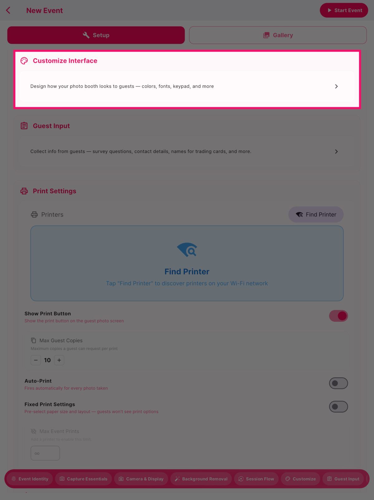 Customize Interface card on the New Event setup screen