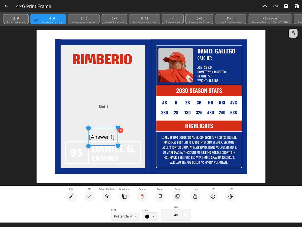 Answer 1 placeholder placed on the card with the text styling toolbar