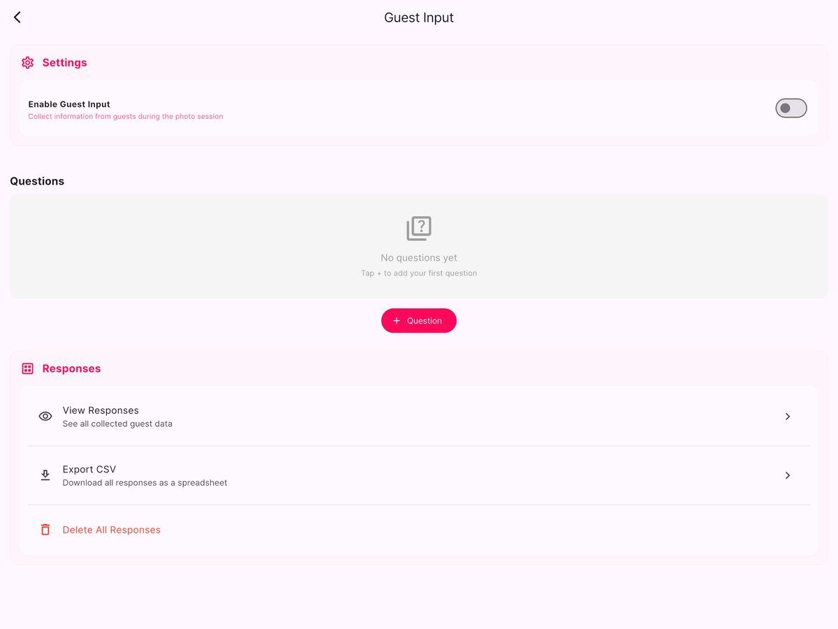 Guest Input page with the feature disabled and no questions added