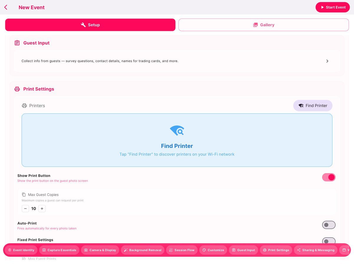 Guest Input section in the event setup screen