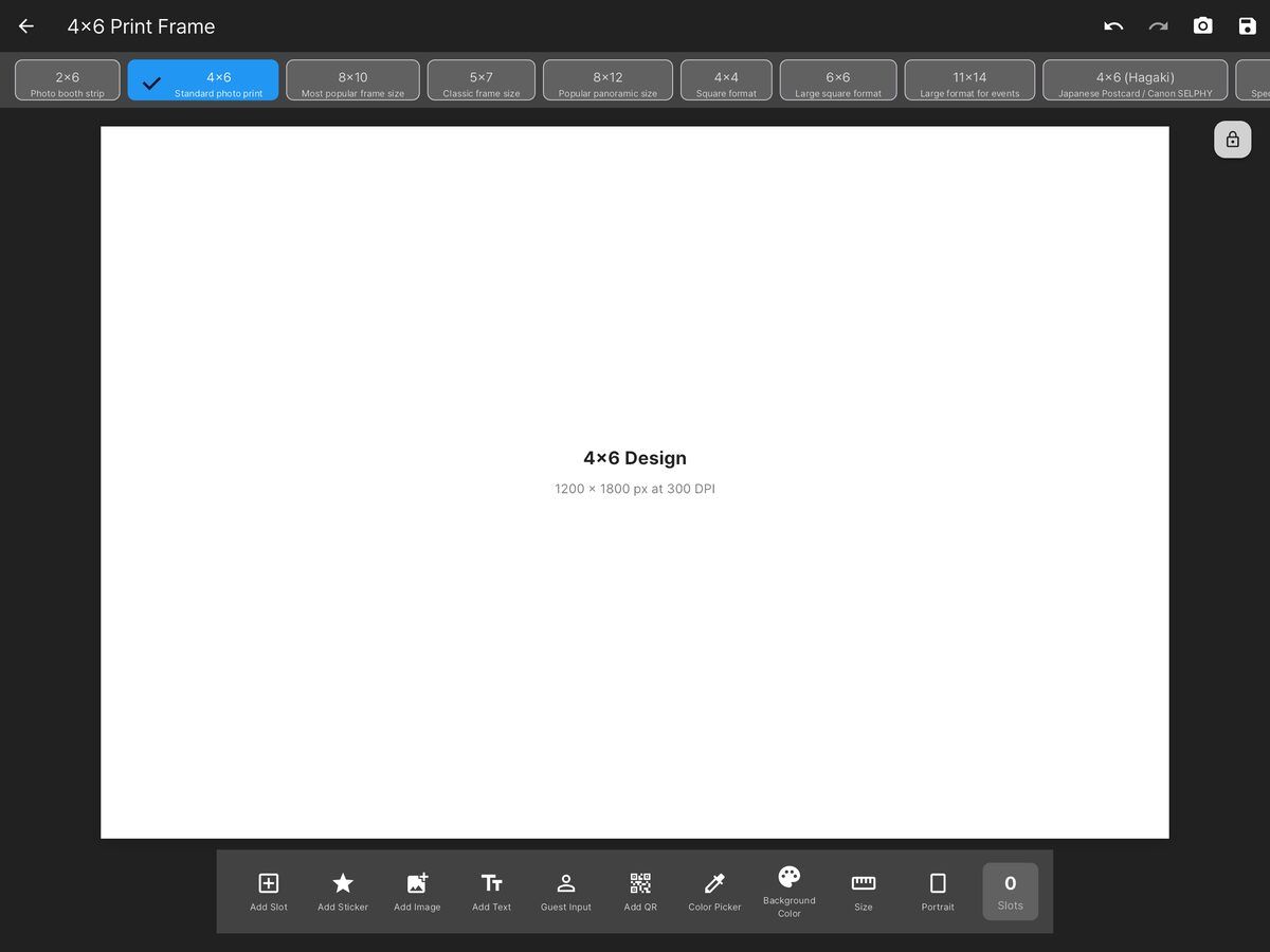 Empty 4x6 print frame editor with the frame size options and the design toolbar