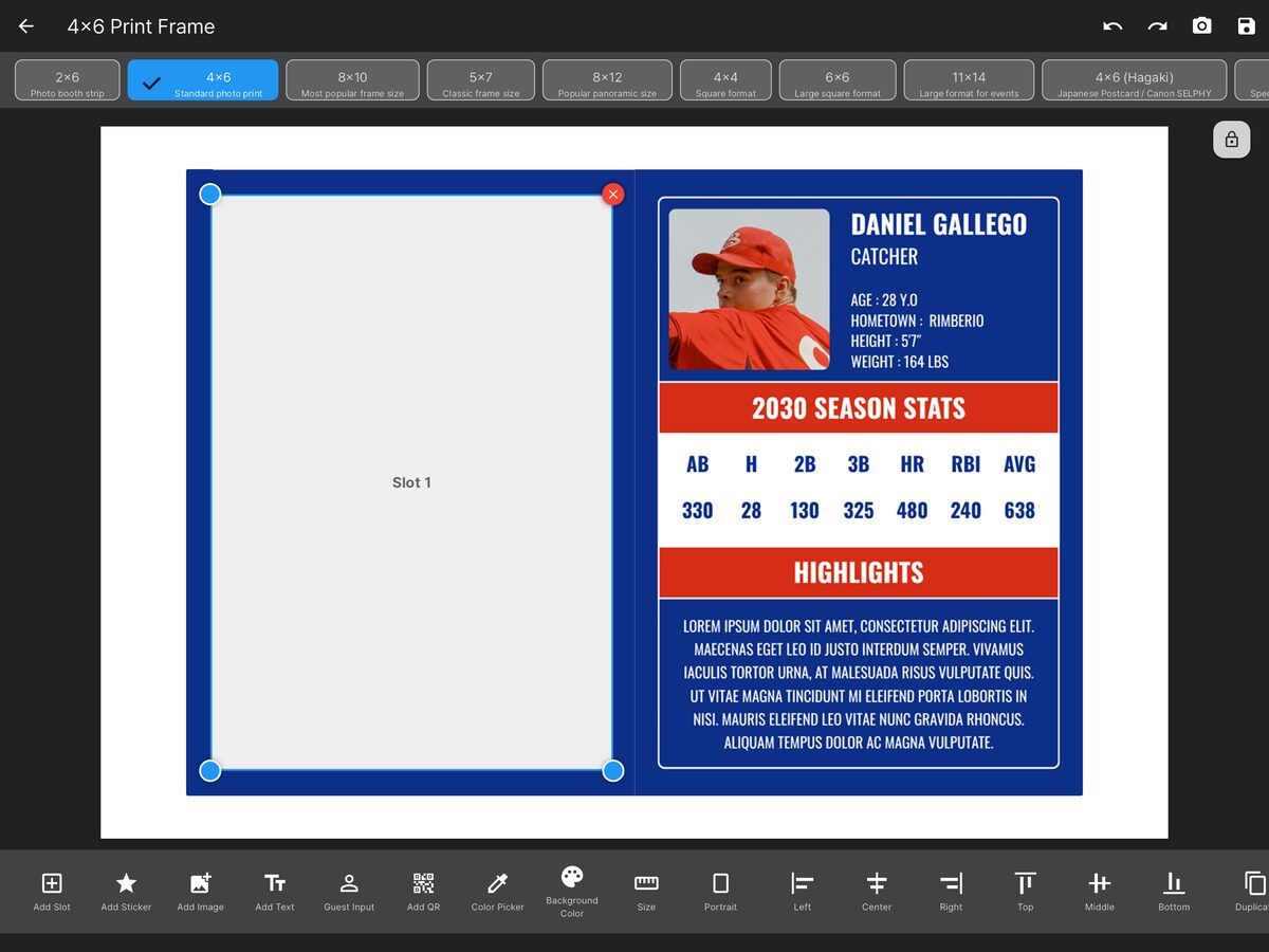 Slot 1 added to the canvas and selected, showing the alignment toolbar