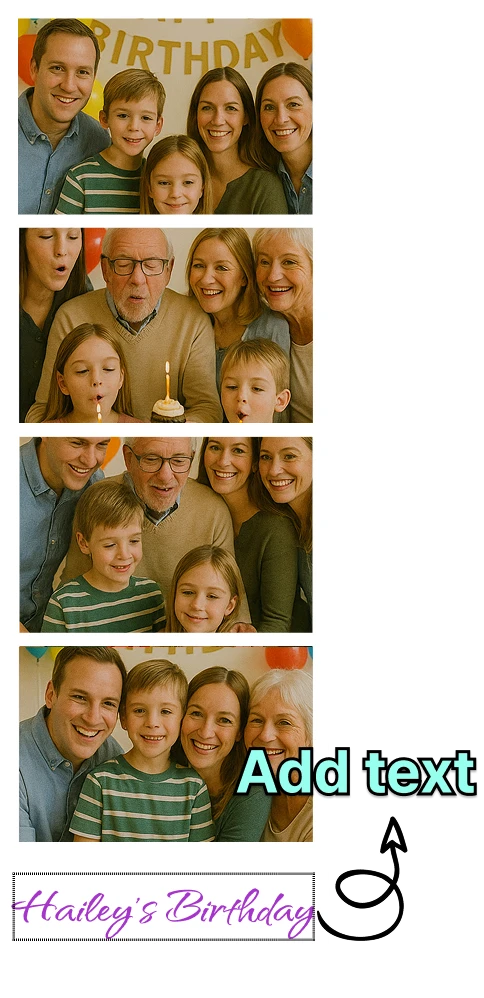 Text customization interface with 100+ font options for photobooth frames