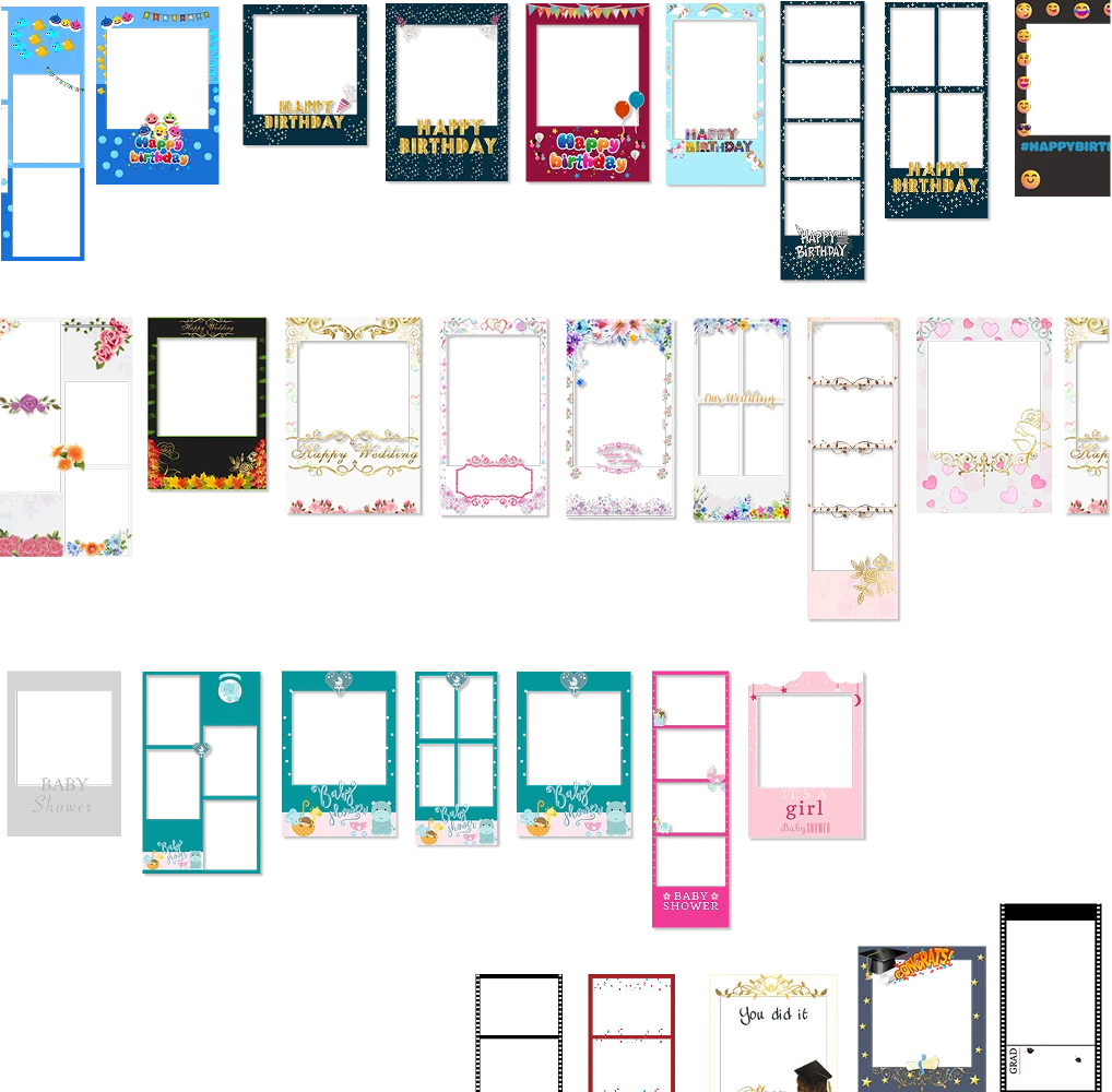 Pre-made photobooth frame styles - weddings, birthdays, baby showers, graduations, and more