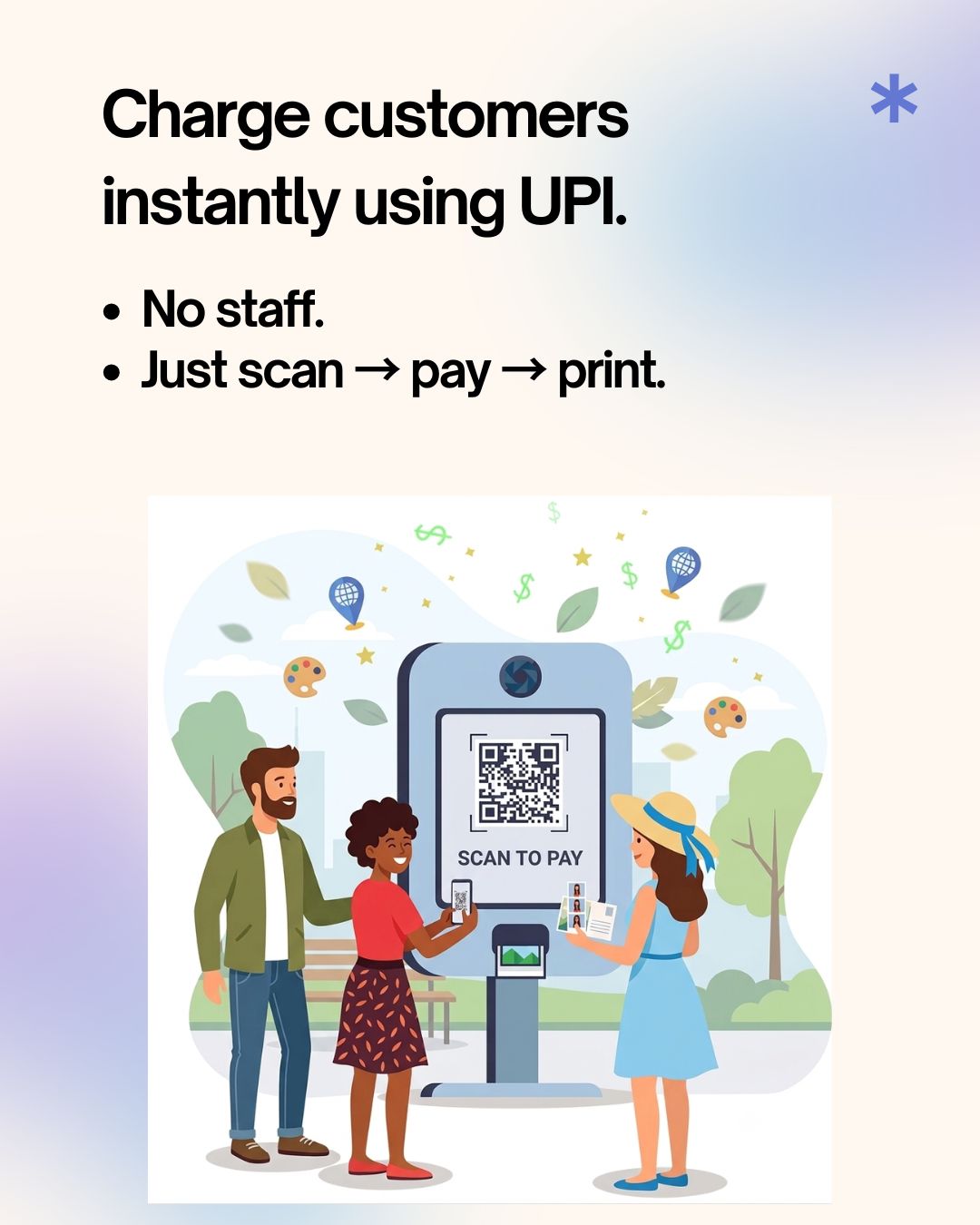 Charge customers instantly using UPI — no staff, just scan, pay, print